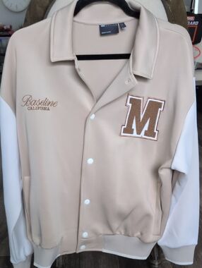 Baseline California Beige and White Varsity Jacket with M Patch